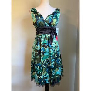 Love‎ Tease Green Aqua Floral Satin Fit Flare Dress Tulle y2k 5 NWT retro dainty